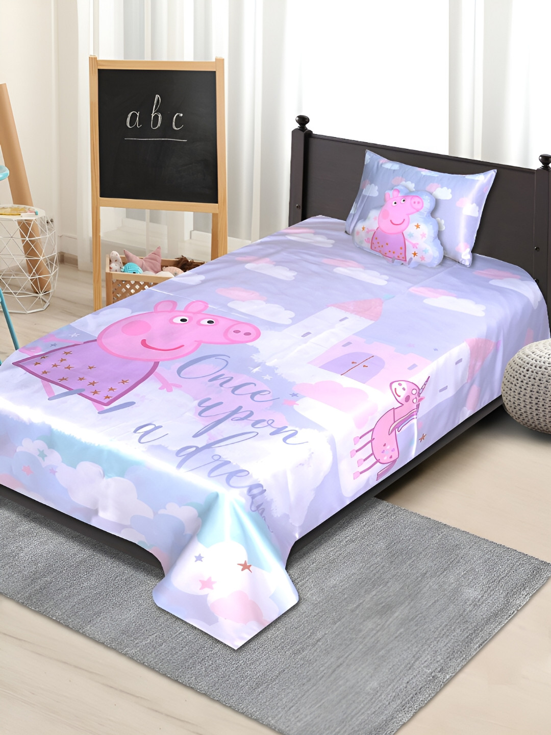 Saral Home Grey Cartoon Characters Cotton 210 TC Single Fine Bedsheet with a Pillow Cover-152 x 228 cm