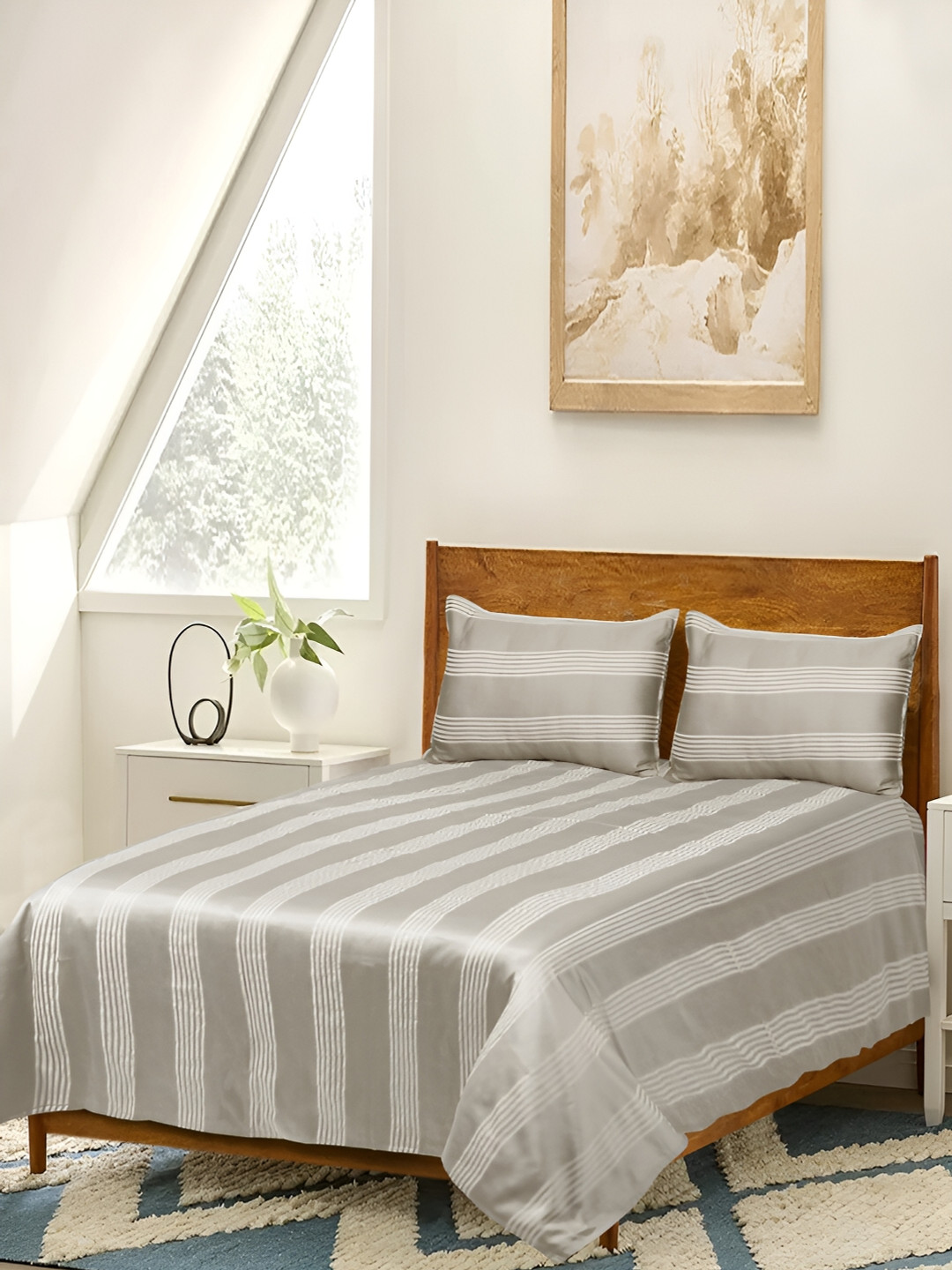 Saral Home Dhari Beige Striped Cotton 210 TC Queen Fine Bedsheet with 2 Pillow Covers-90 x 39 inches