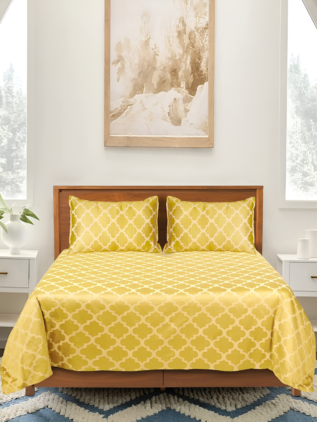 Saral Home Tangier Yellow Ethnic Motifs Pure Cotton 210 TC Queen Fine Bedsheet with 2 Pillow Covers-90 x 39 inches