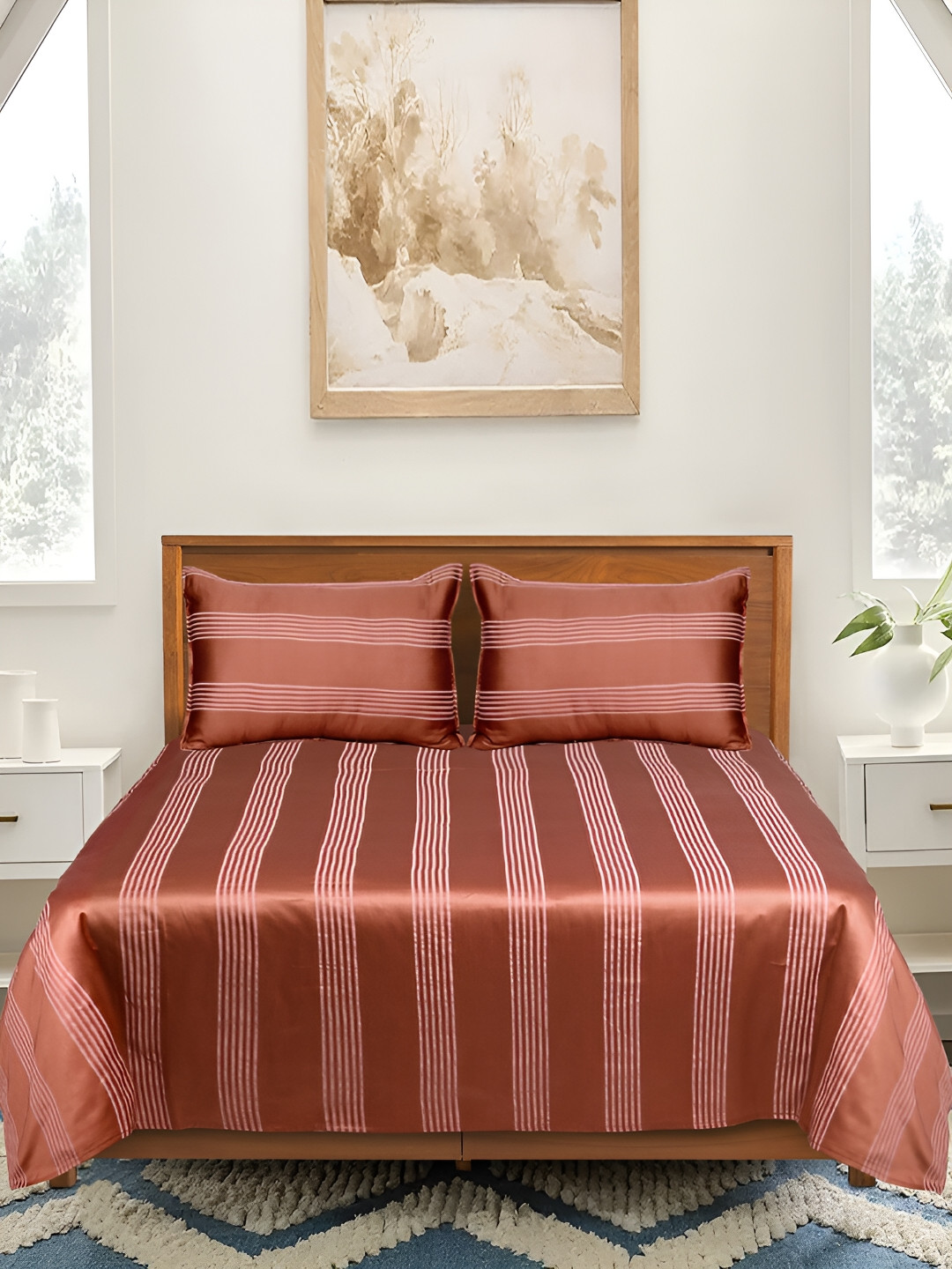 Saral Home Dhari Rust Striped Pure Cotton 210 TC Queen Fine Bedsheet with 2 Pillow Covers-108 x 100 inches