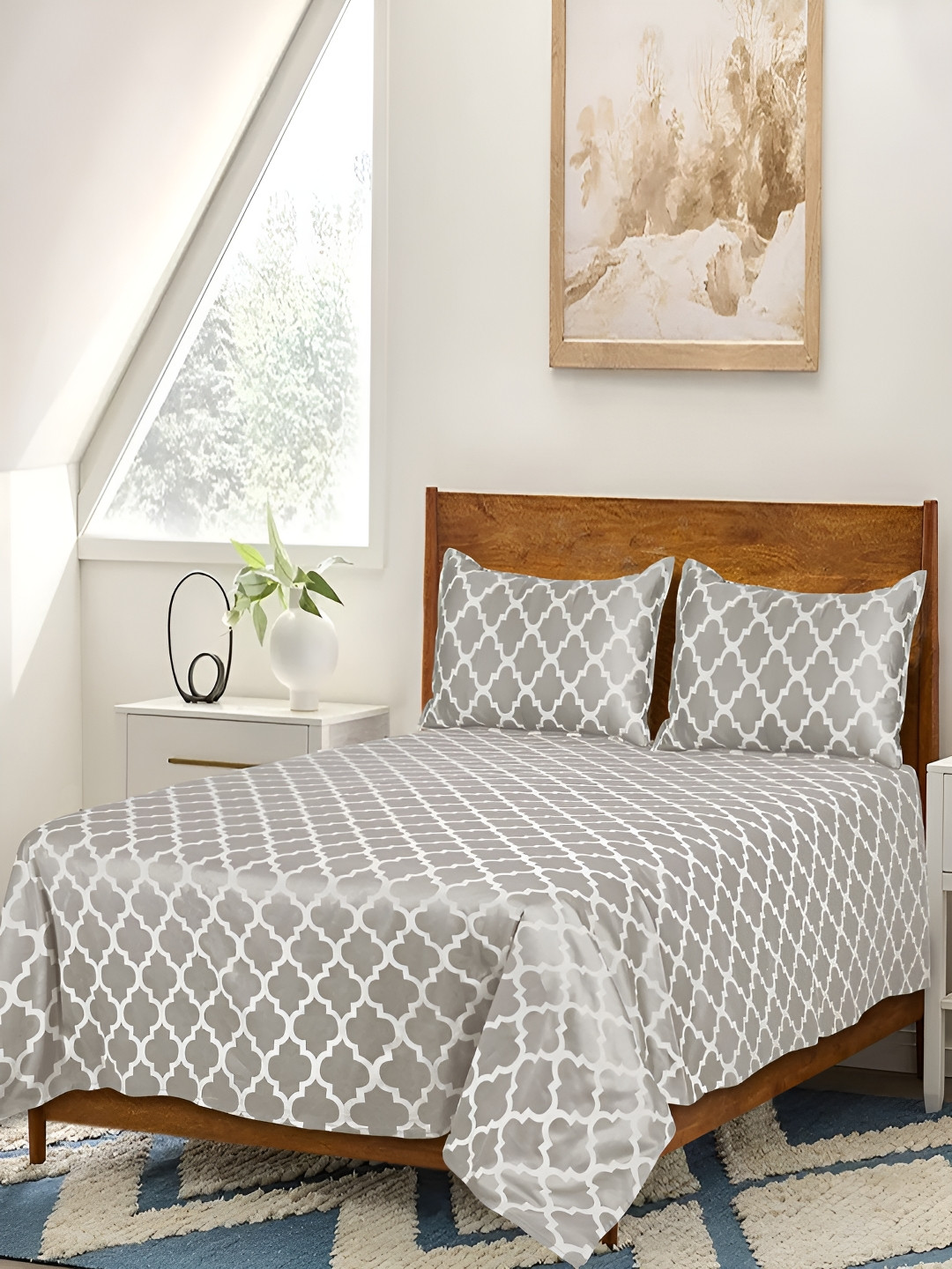 Saral Home Tangier Grey Ethnic Motifs Pure Cotton 210 TC Queen Fine Bedsheet with 2 Pillow Covers-90 x 39 inches