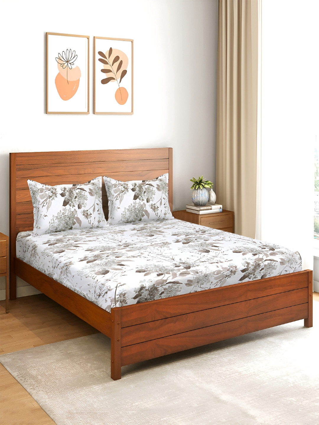 Saral Home Ava Grey Leaf Cotton 210 TC King Fine Bedsheet with 2 Pillow Covers-39 x 43 inches