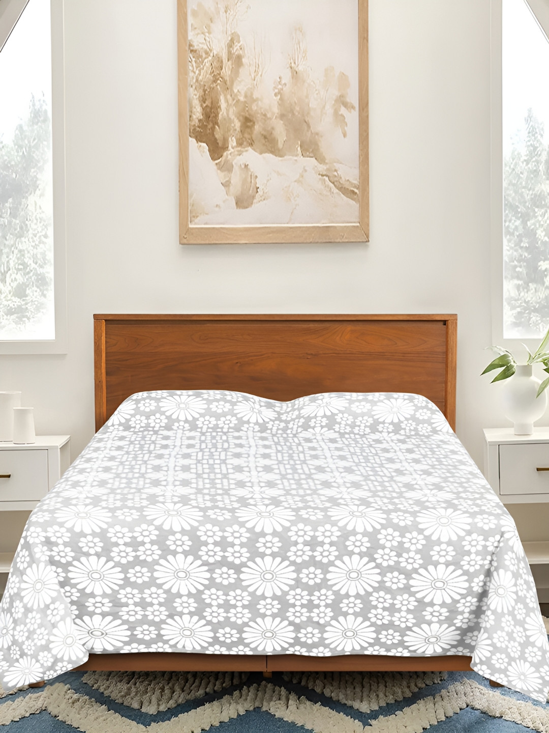 Saral Home Ramona Grey Floral Cotton 210 TC Queen Fine Bedsheet with 2 Pillow Covers-39 x 43 inches