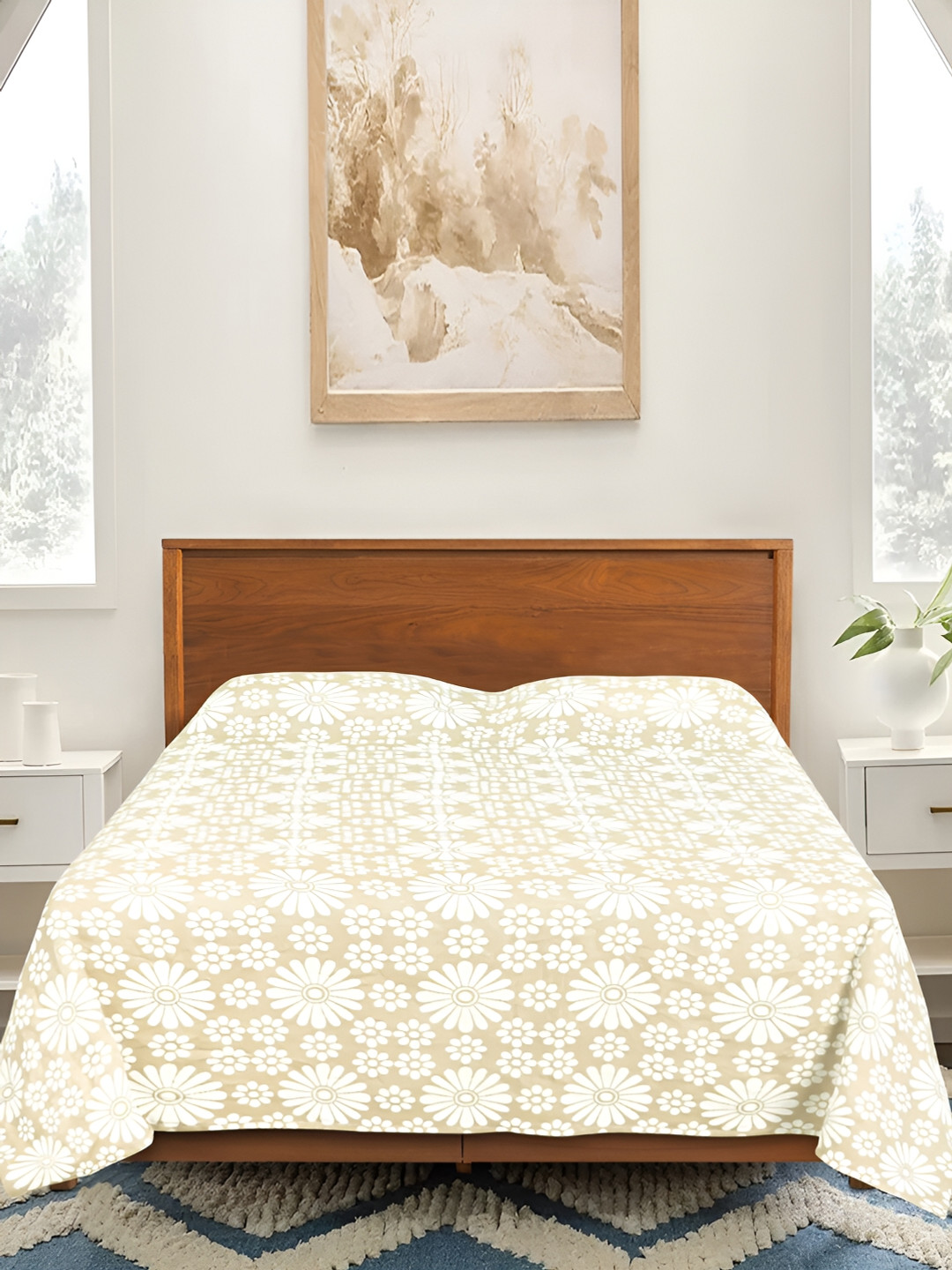 Saral Home Chitki Off White Floral Cotton 210 TC Queen Fine Bedsheet with 2 Pillow Covers-90 x 39 inches