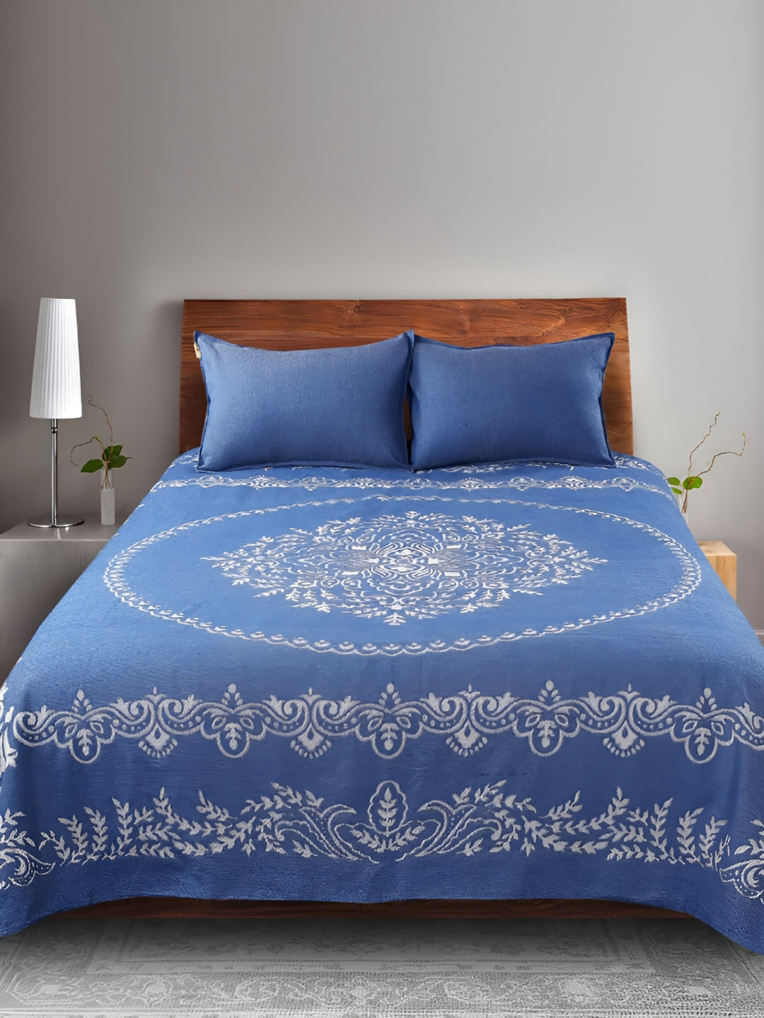 Saral Home Blue Ethnic Motifs Cotton 210 TC King Fine Bedsheet with 2 Pillow Covers-39 x 43 inches