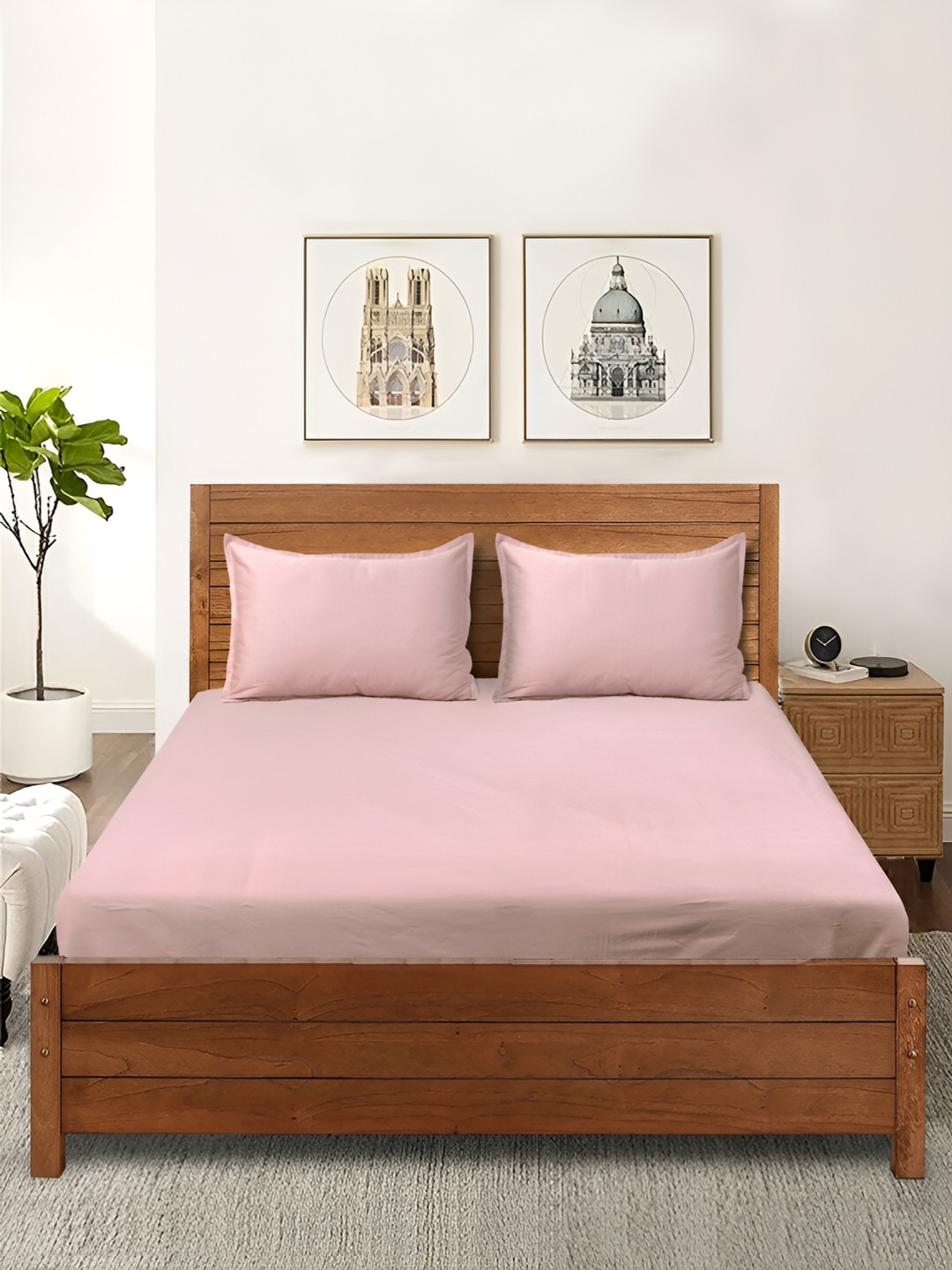 Saral Home Sheen Shine Pink Pure Cotton 210 TC Queen Fine Bedsheet with 2 Pillow Covers-100 x 90 inches