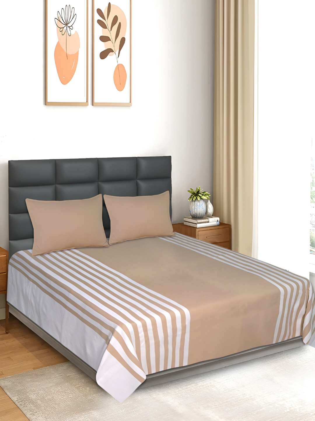 Saral Home Balanced Beige Striped Cotton 210 TC King Fine Bedsheet with 2 Pillow Covers-39 x 43 inches