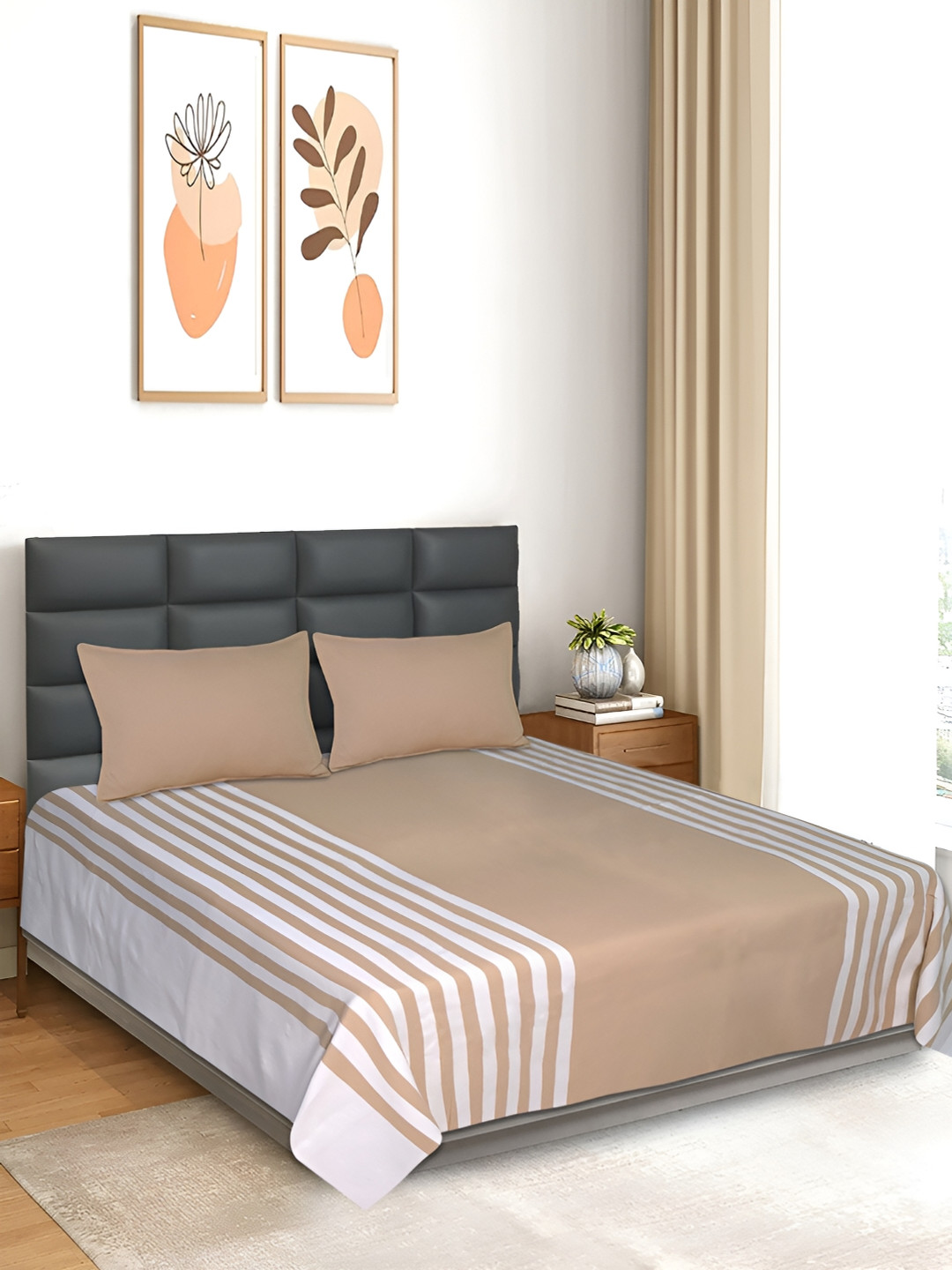 Saral Home Balanced Beige Striped Cotton 210 TC Queen Fine Bedsheet with 2 Pillow Covers-100 x 90 inches