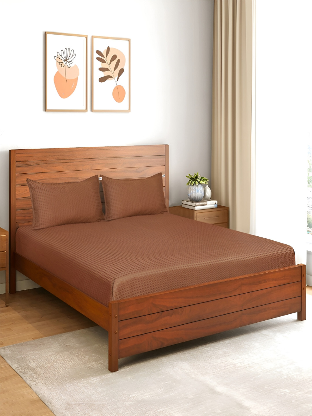 Saral Home Waffle Brown Checked Cotton Dotted 210 TC Fitted King Fine Bedsheet with 2 Pillow Covers-39 x 43 inches