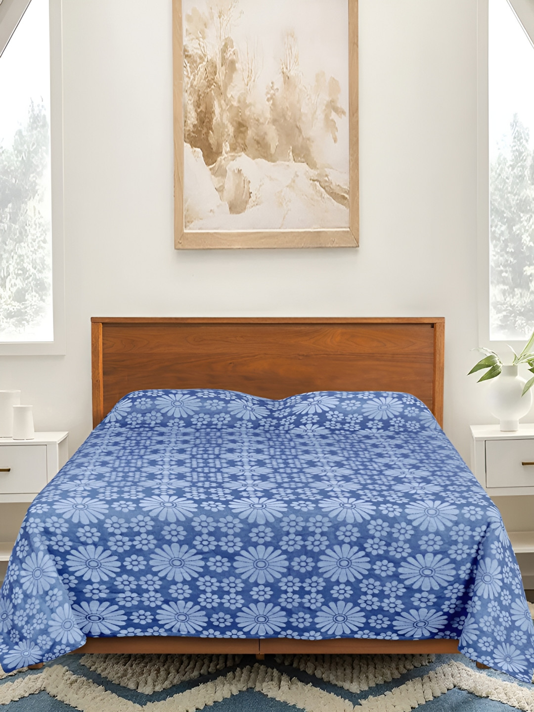Saral Home Chitki Blue Floral Cotton 210 TC Queen Fine Bedsheet with 2 Pillow Covers-90 x 39 inches