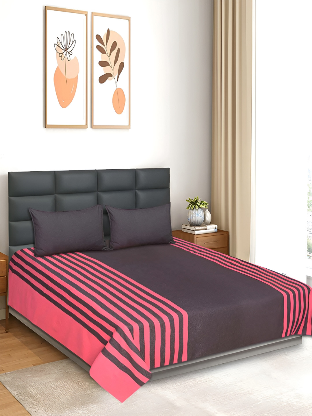 Saral Home Balanced Brown Striped Cotton 210 TC Queen Fine Bedsheet with 2 Pillow Covers-100 x 90 inches
