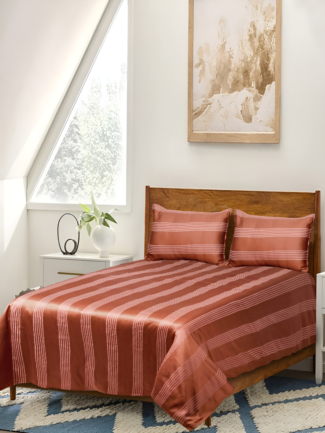 Saral Home Dhari Rust Striped Pure Cotton 210 TC Queen Fine Bedsheet with 2 Pillow Covers-100 x 90 inches