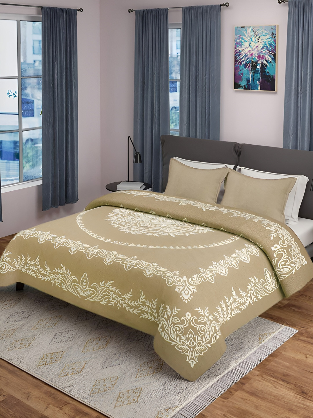 Saral Home Majesty Beige Ethnic Motifs Cotton 210 TC Fitted King Fine Bedsheet with 2 Pillow Covers-39 x 43 inches