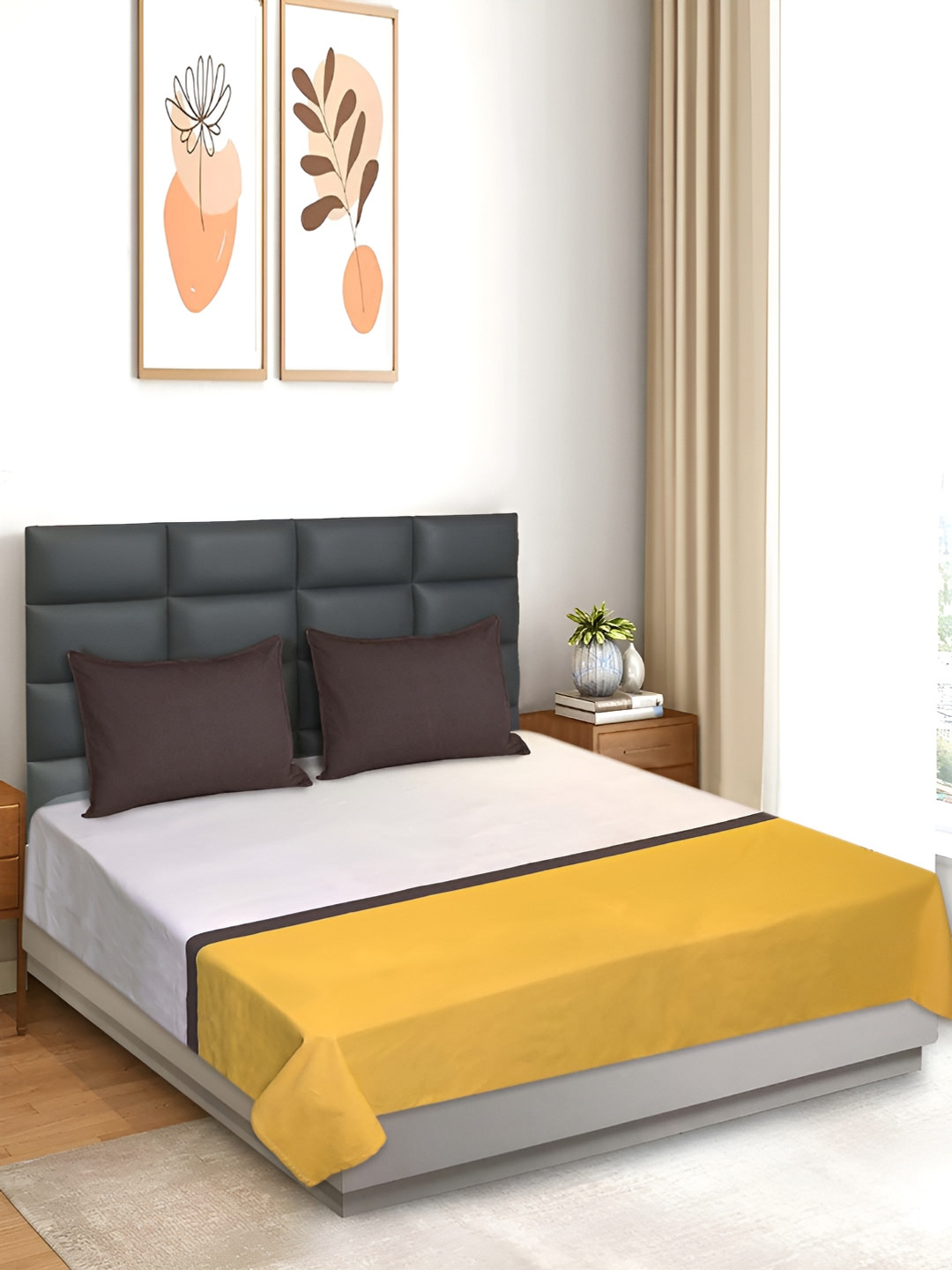 Saral Home Awning Yellow Striped Cotton 210 TC Queen Fine Bedsheet with 2 Pillow Covers-100 x 90 inches