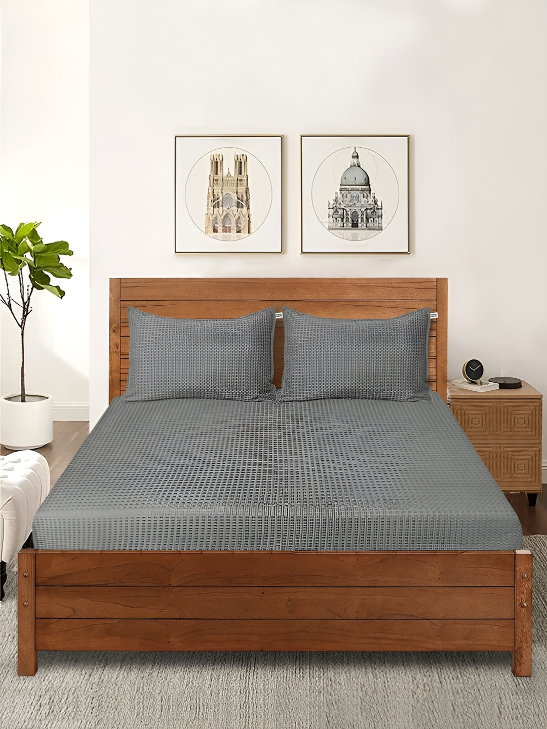 Saral Home Waffle Grey Conversational Cotton 210 TC King Fine Bedsheet with 2 Pillow Covers-39 x 71 inches
