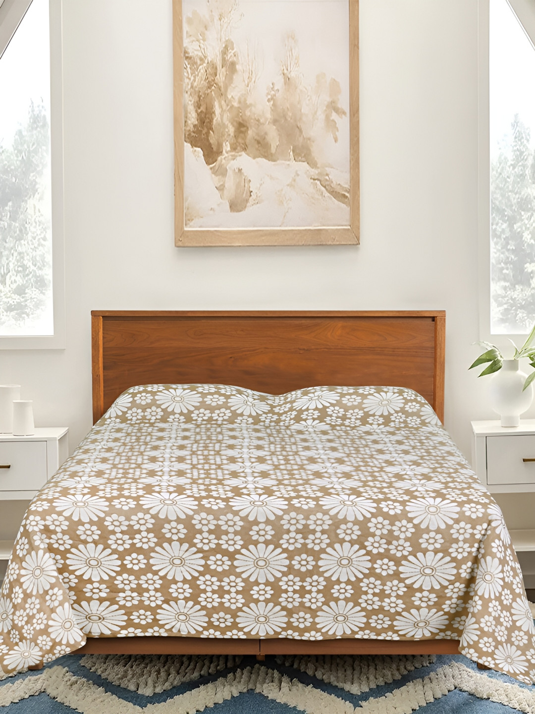 Saral Home Chitki Beige Floral Cotton 210 TC Queen Fine Bedsheet with 2 Pillow Covers-100 x 108 inches