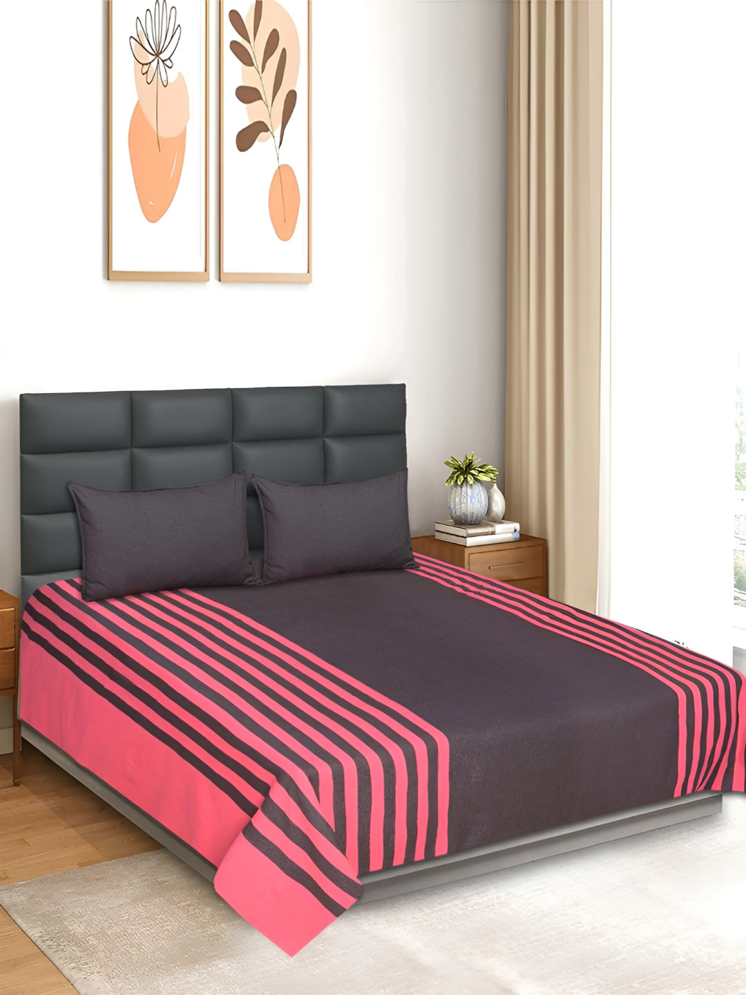 Saral Home Balanced Brown Striped Cotton 210 TC King Fine Bedsheet with 2 Pillow Covers-39 x 43 inches