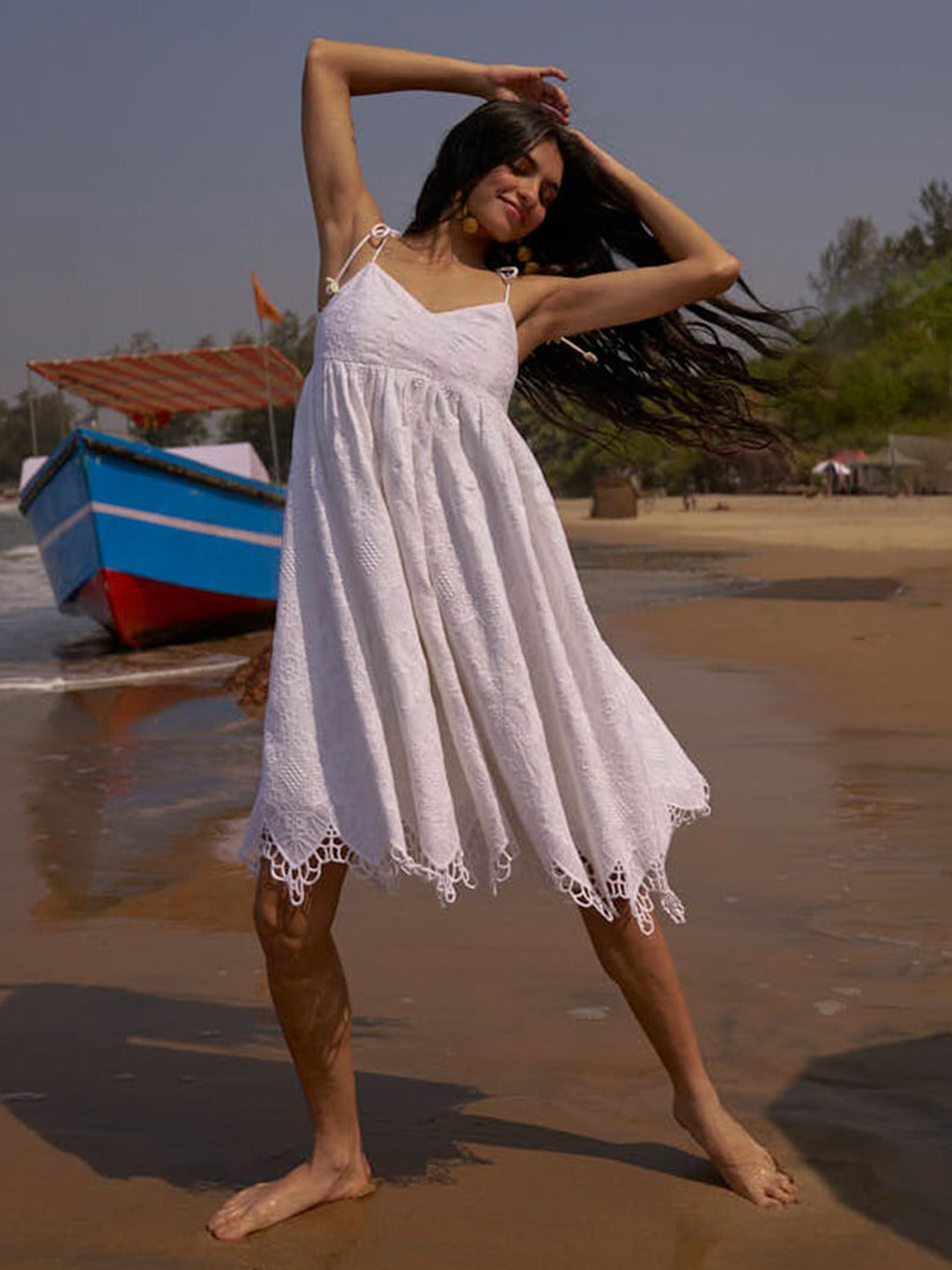 Dash and Dot Striped Shoulder Straps Flared Cotton A-Line Dress