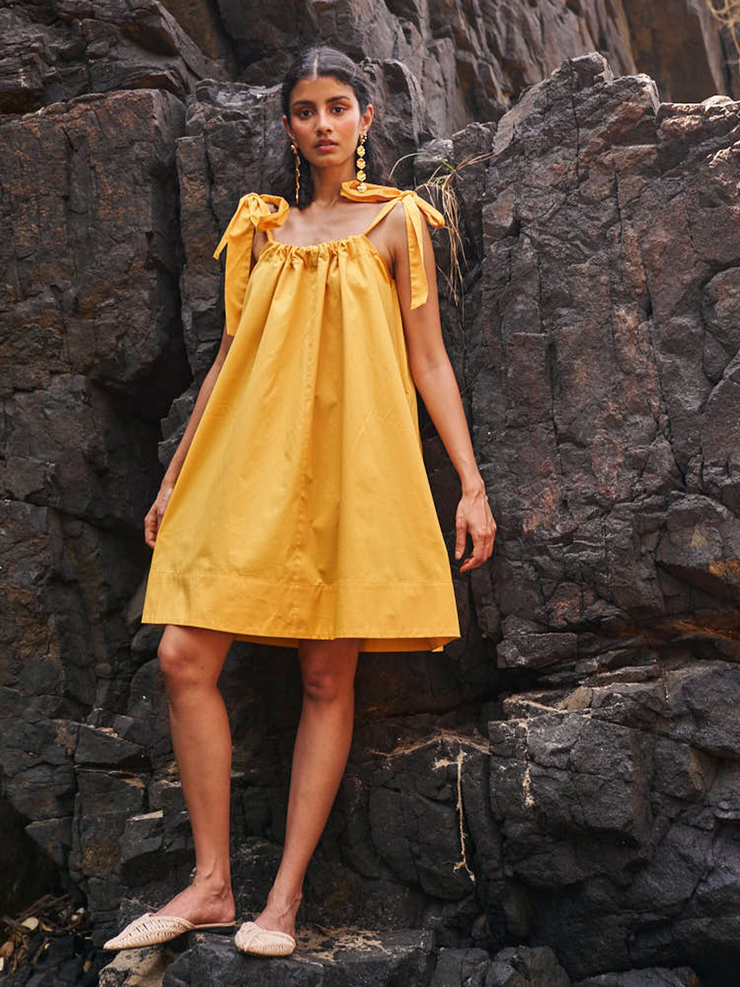 Dash and Dot Shoulder Straps Flared Organic Cotton A-Line Dress