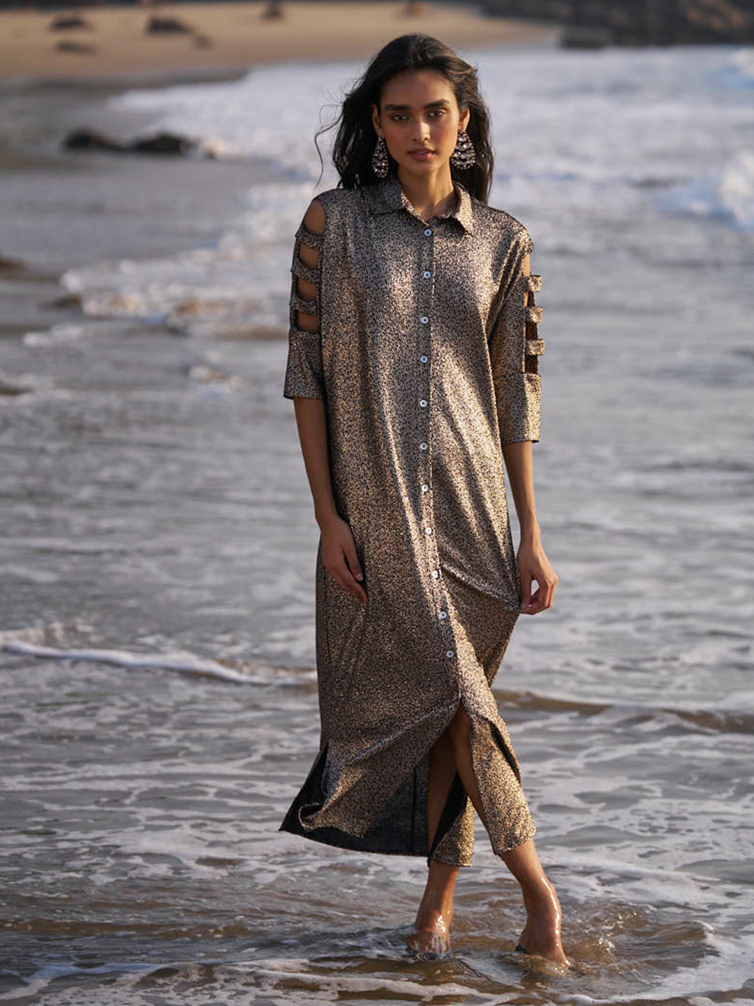 Dash and Dot Animal Printed Straight Shirt Collar A-Line Maxi Dress