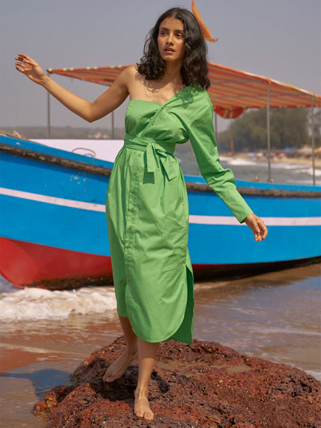 Dash and Dot Off-Shoulder Flared Organic Cotton Empire Dress