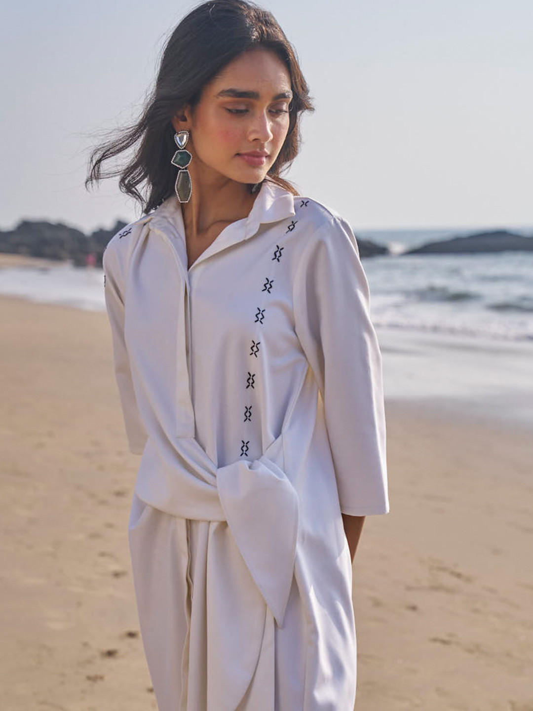 Dash and Dot Three-Quarter Sleeves Shirt Collar Straight Shirt Dress