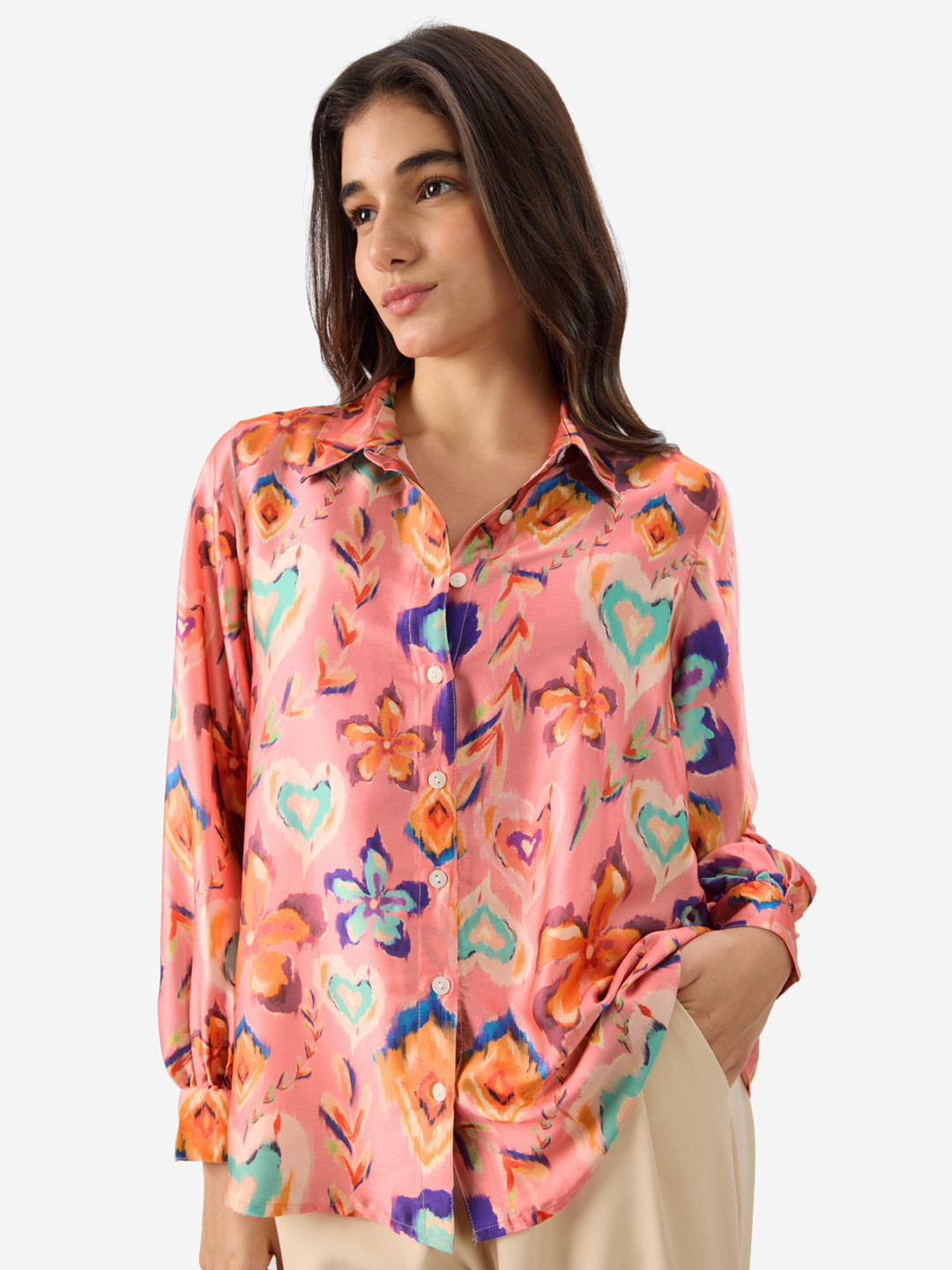 The Souled Store Satin Shirt: Floral Ink Printed Casual Shirt