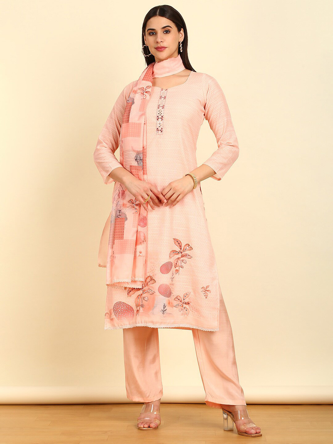 Soch Peach Floral Printed Linen Unstitched Dress Material