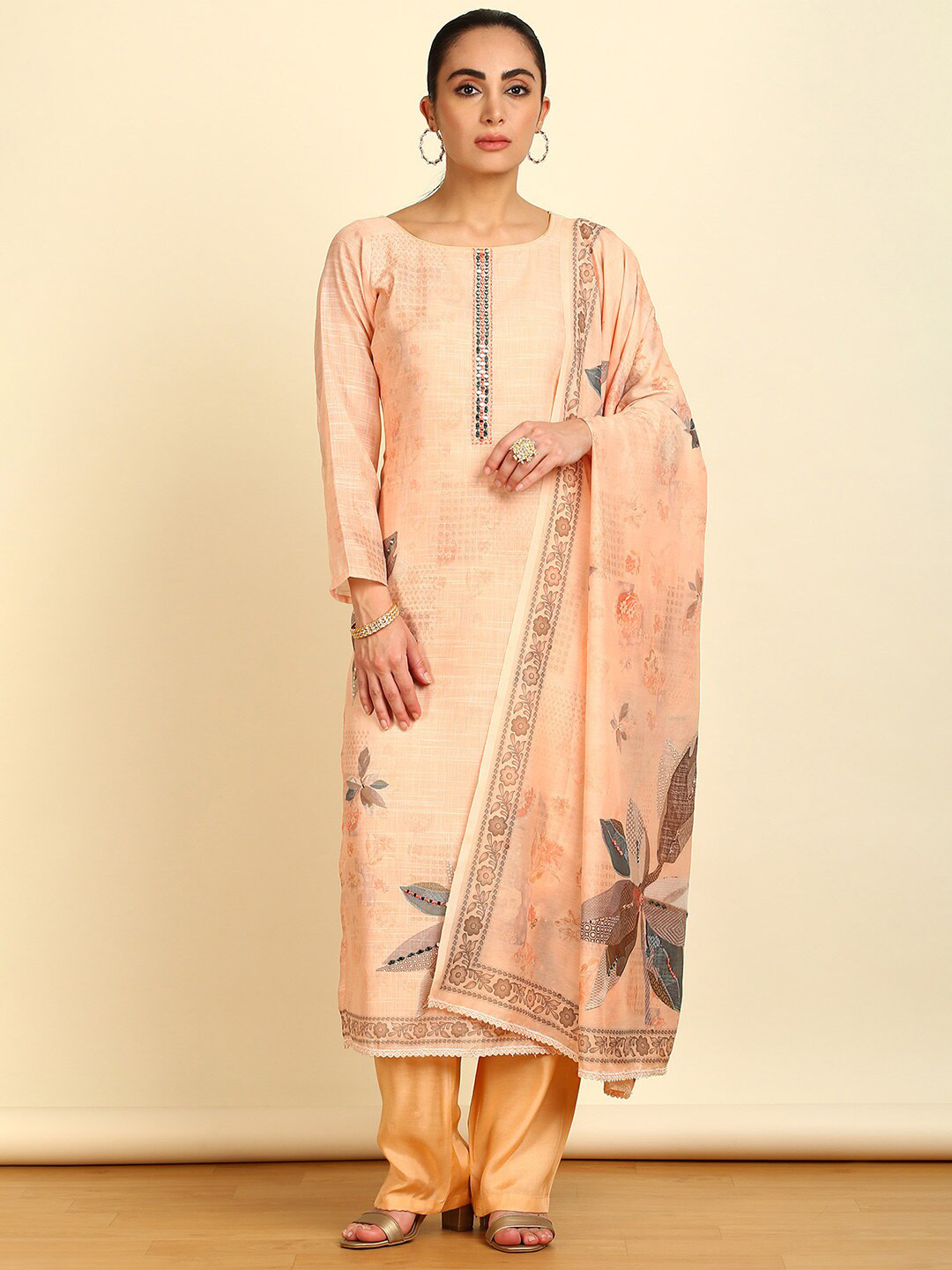 Soch Peach Floral Printed Linen Unstitched Dress Material