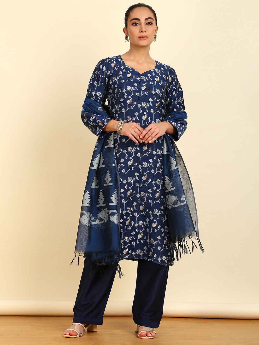 Soch Navy Blue Floral Woven Design Unstitched Dress Material