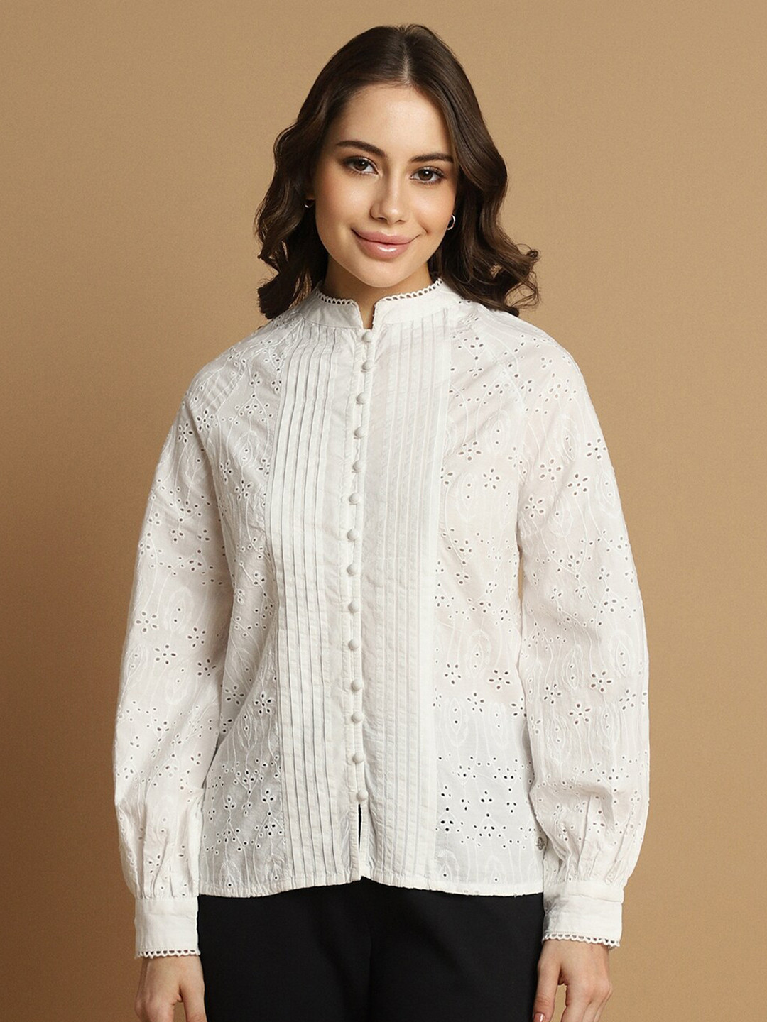 Allen Solly Woman Micro Ditsy Printed Mandarin Collar Cotton Curved Casual Shirt
