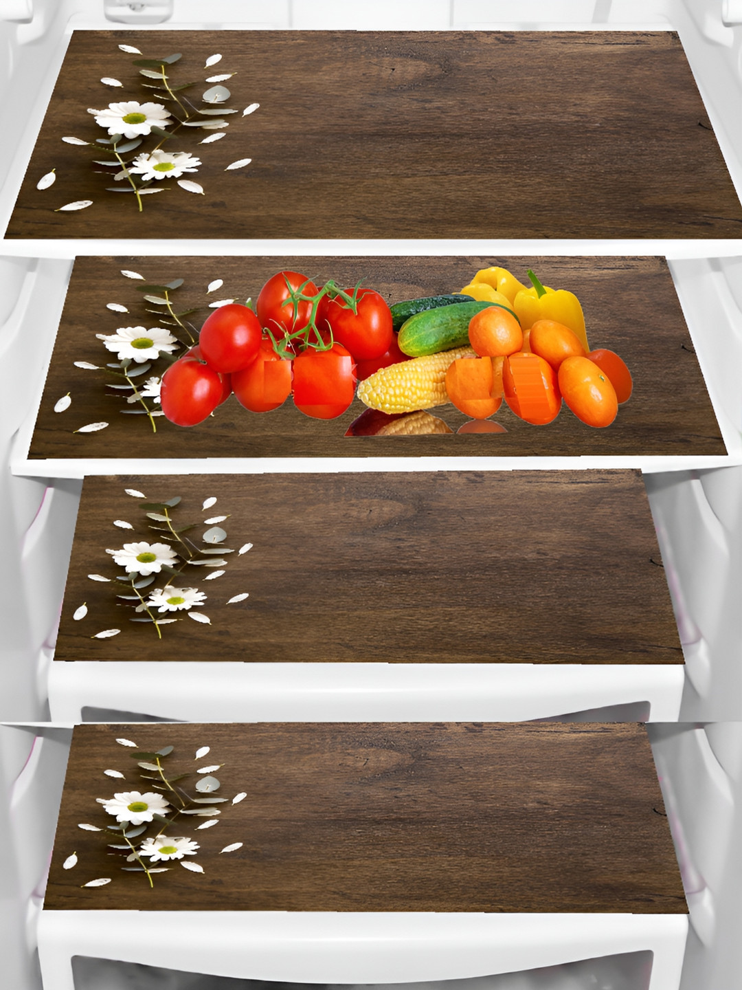 REVEXO Brown & White 4 Pieces Printed Water Resistant Fridge Mats