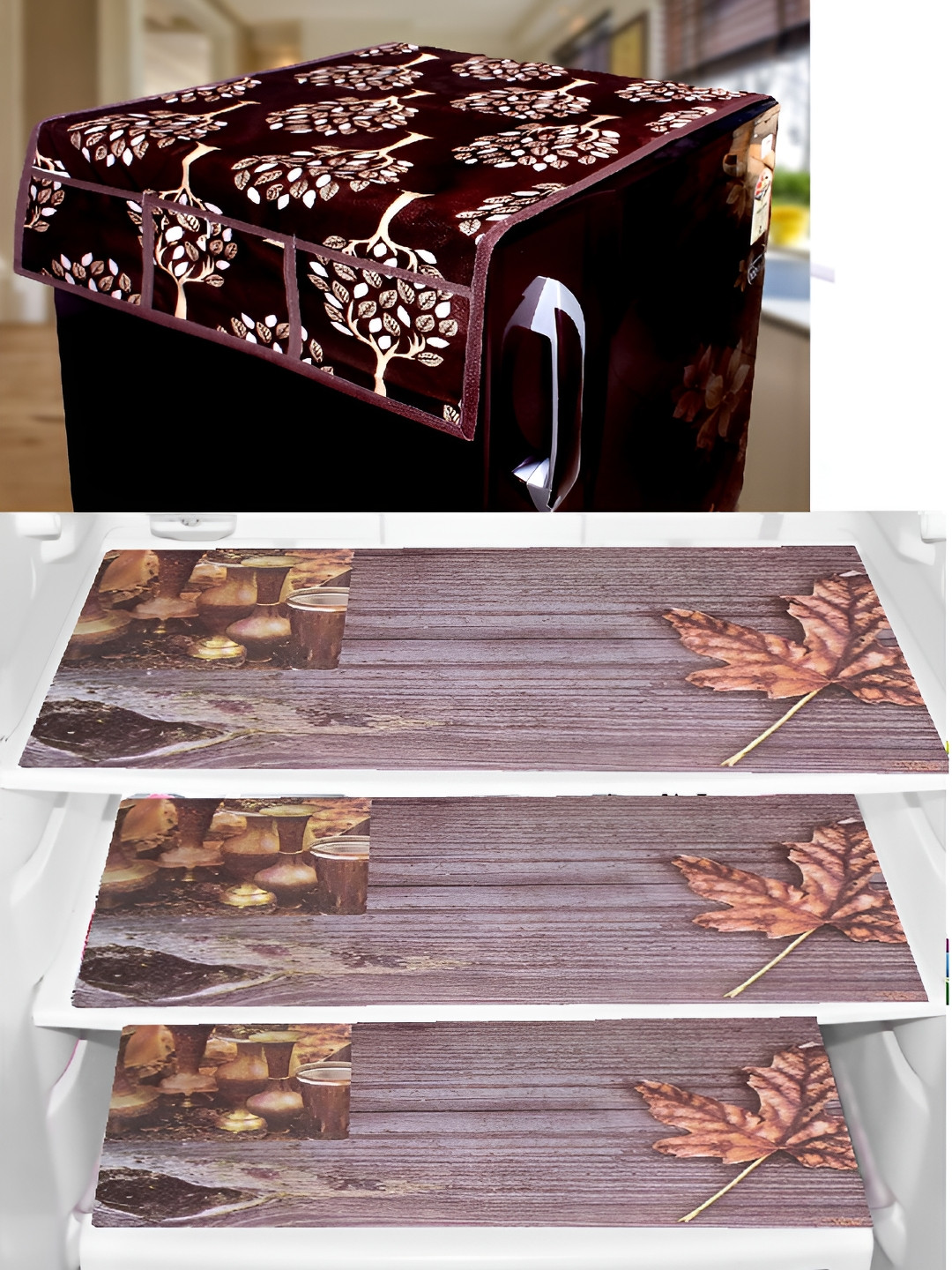 REVEXO Burgundy 4 Pieces Printed Fridge Top Cover & Mats