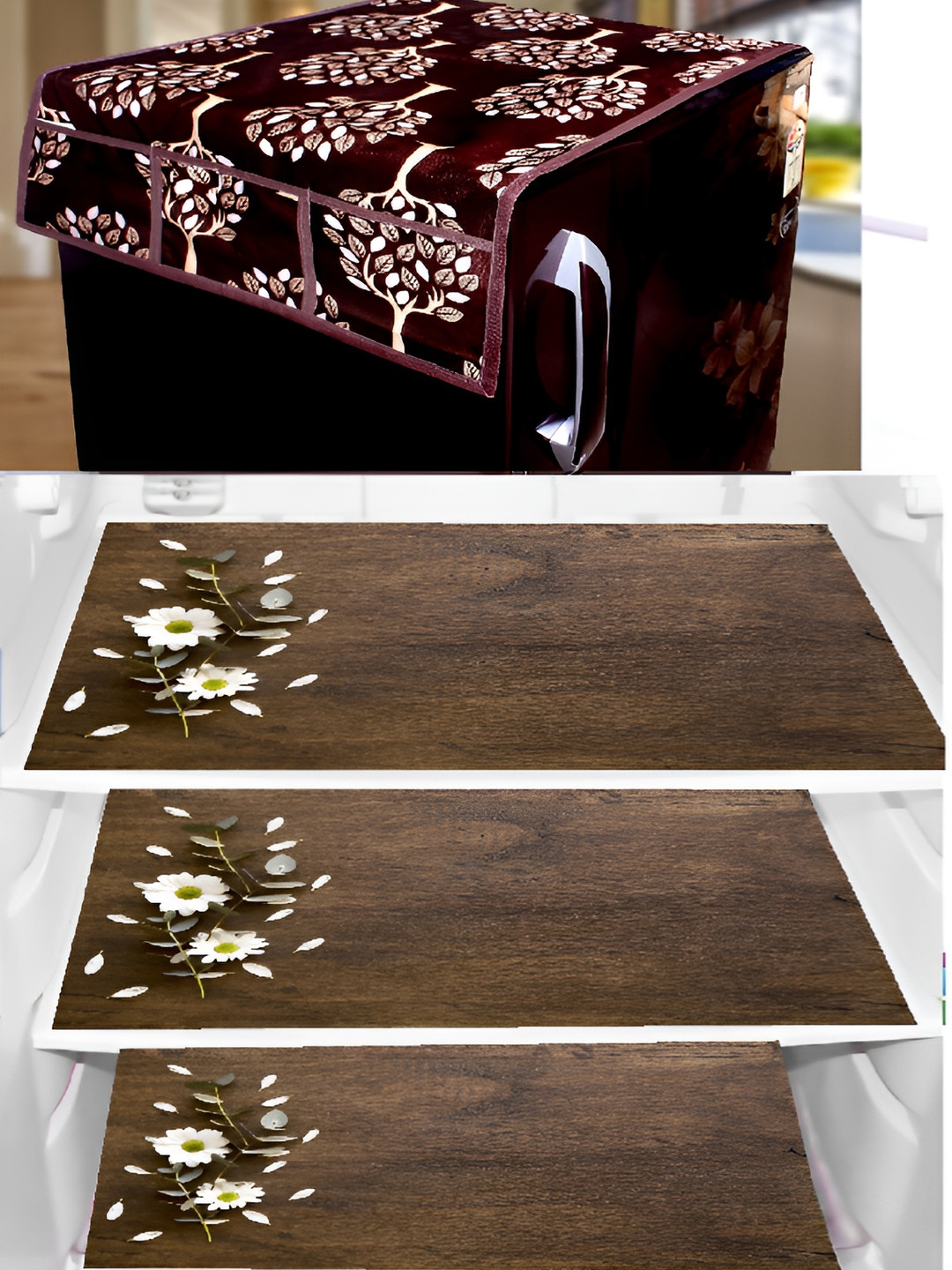 REVEXO Brown & Maroon 4 Pcs Printed Fridge Top Cover & Mats