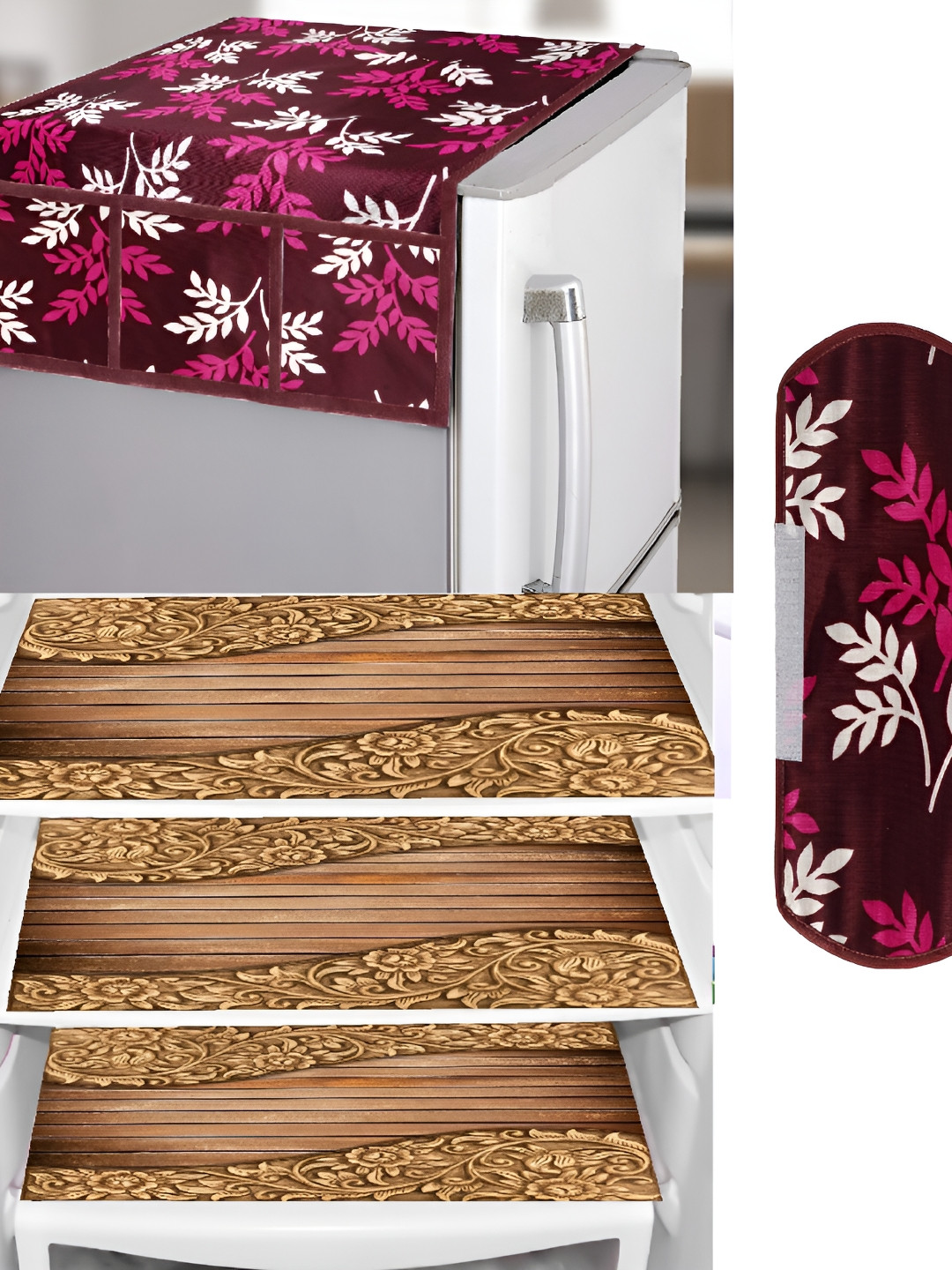 REVEXO Burgundy & Brown 5 Pieces Printed Fridge Top Cover Handle Covers & Mats