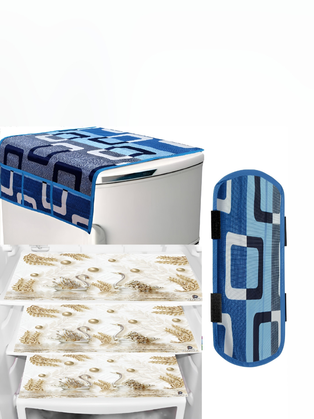 REVEXO Blue & White 5 Pieces Printed Fridge Appliance Covers & Mats
