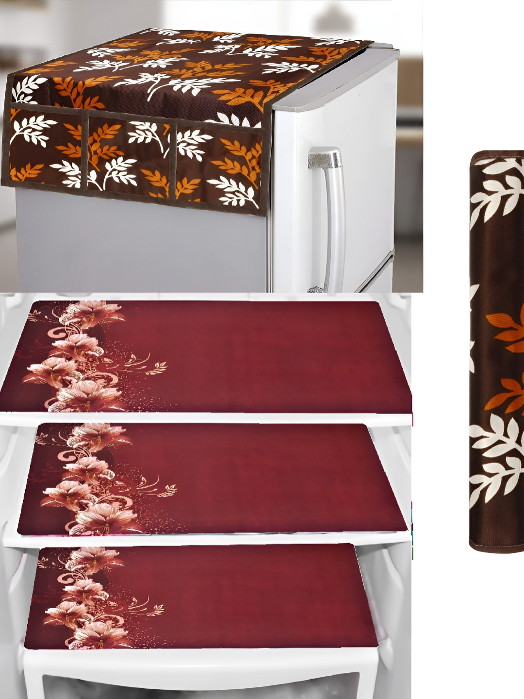 REVEXO Maroon & Brown 5Pcs Printed Fridge Top Cover & Mats