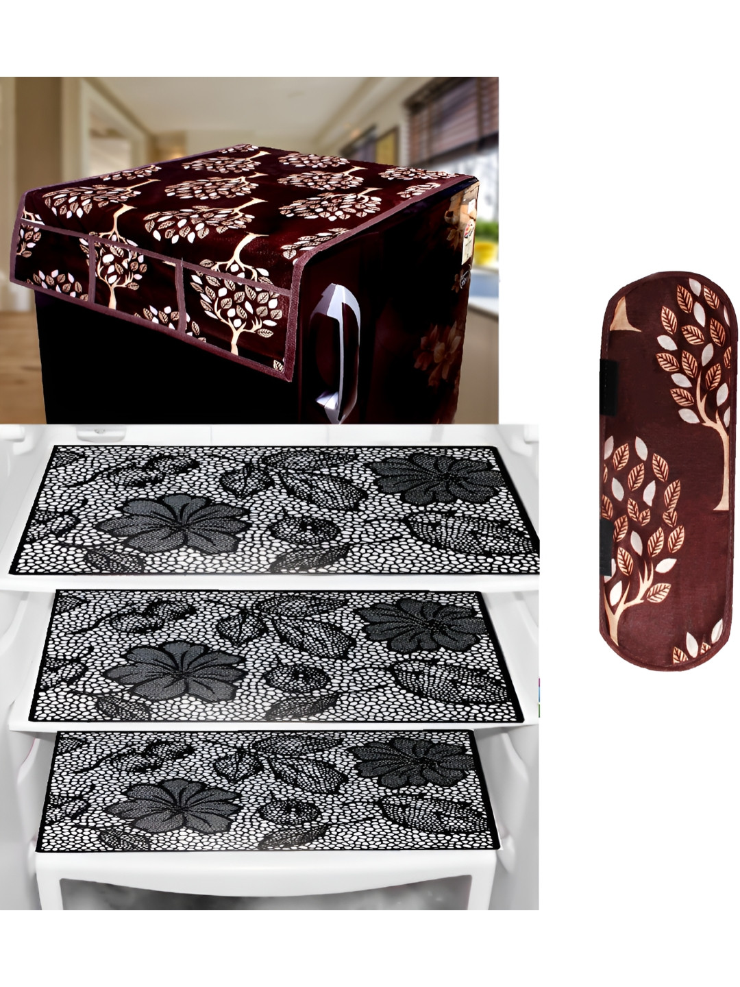 REVEXO Brown & Black 5 Pieces Fridge Top Cover & Mats