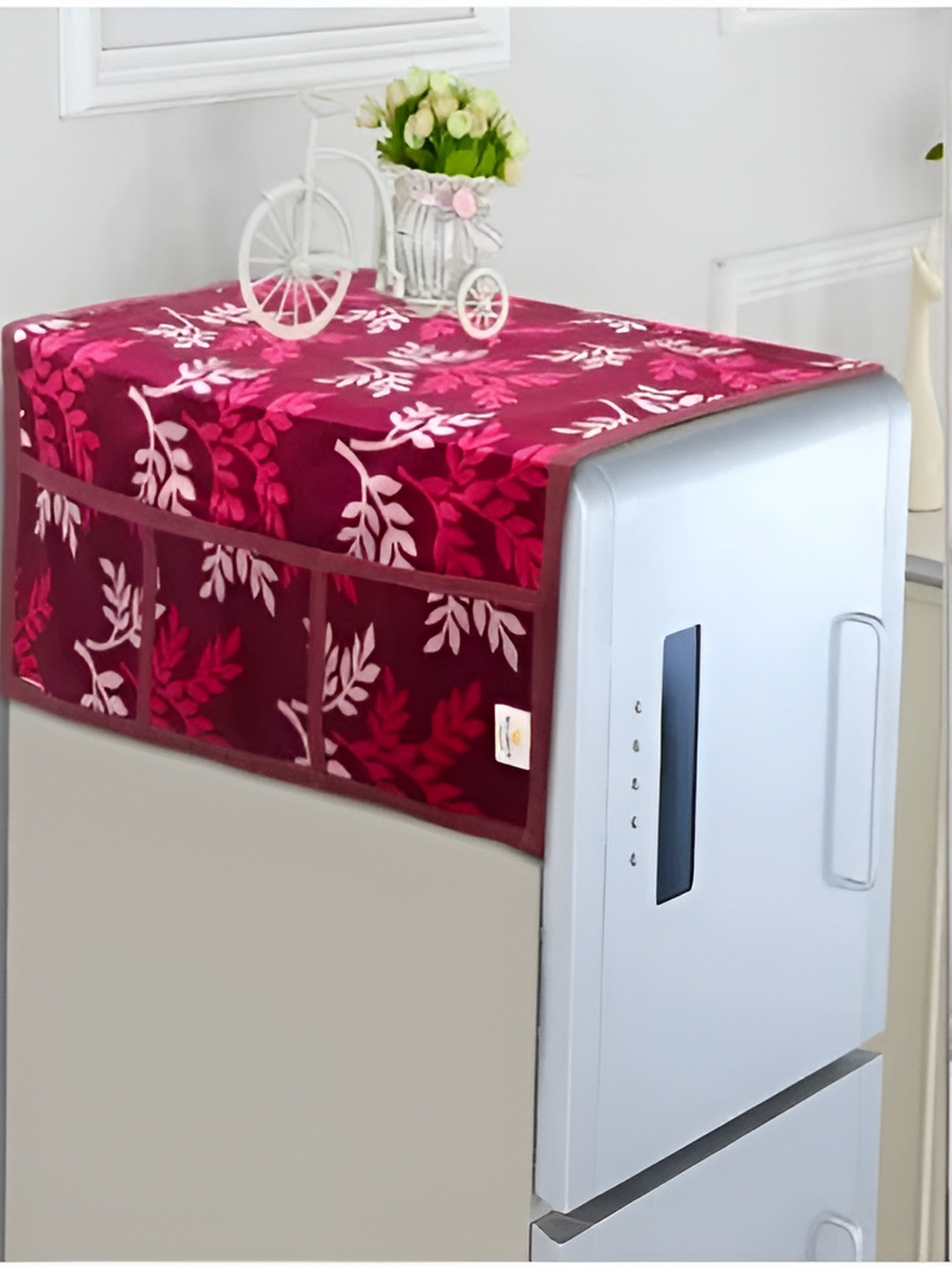 REVEXO Burgundy & White Printed Fridge Top Cover & Mats