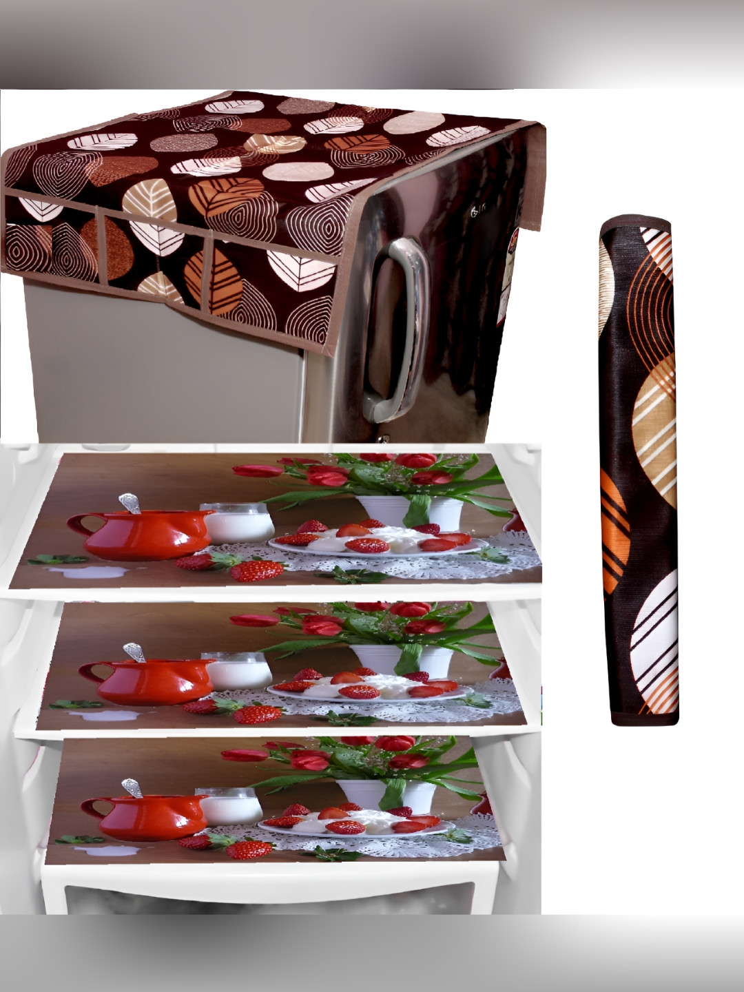 REVEXO 5-Pcs Brown & Red Fridge Top Cover & Mats