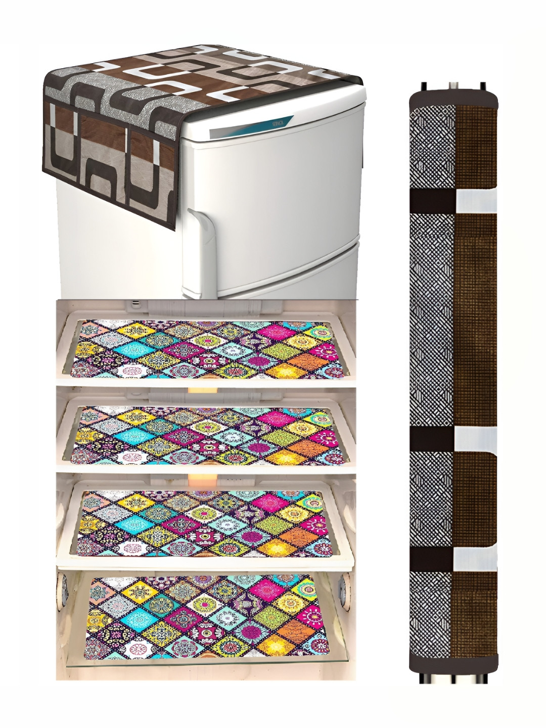 REVEXO Brown & Pink 6 Pieces Geometric Printed Fridge Top Cover Handle Covers & Mats