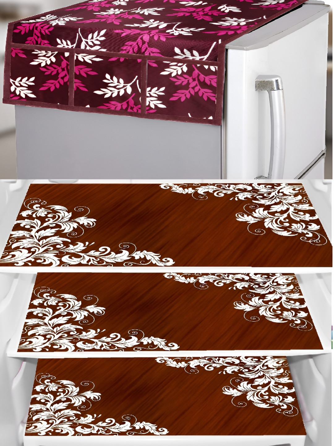 REVEXO Maroon & Burgundy 4 Pieces Printed Fridge Top Cover & Mats