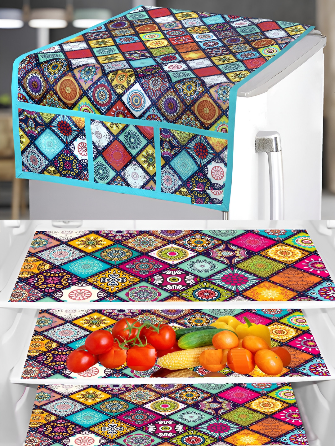 REVEXO Pink & Blue Printed Fridge Appliance Cover