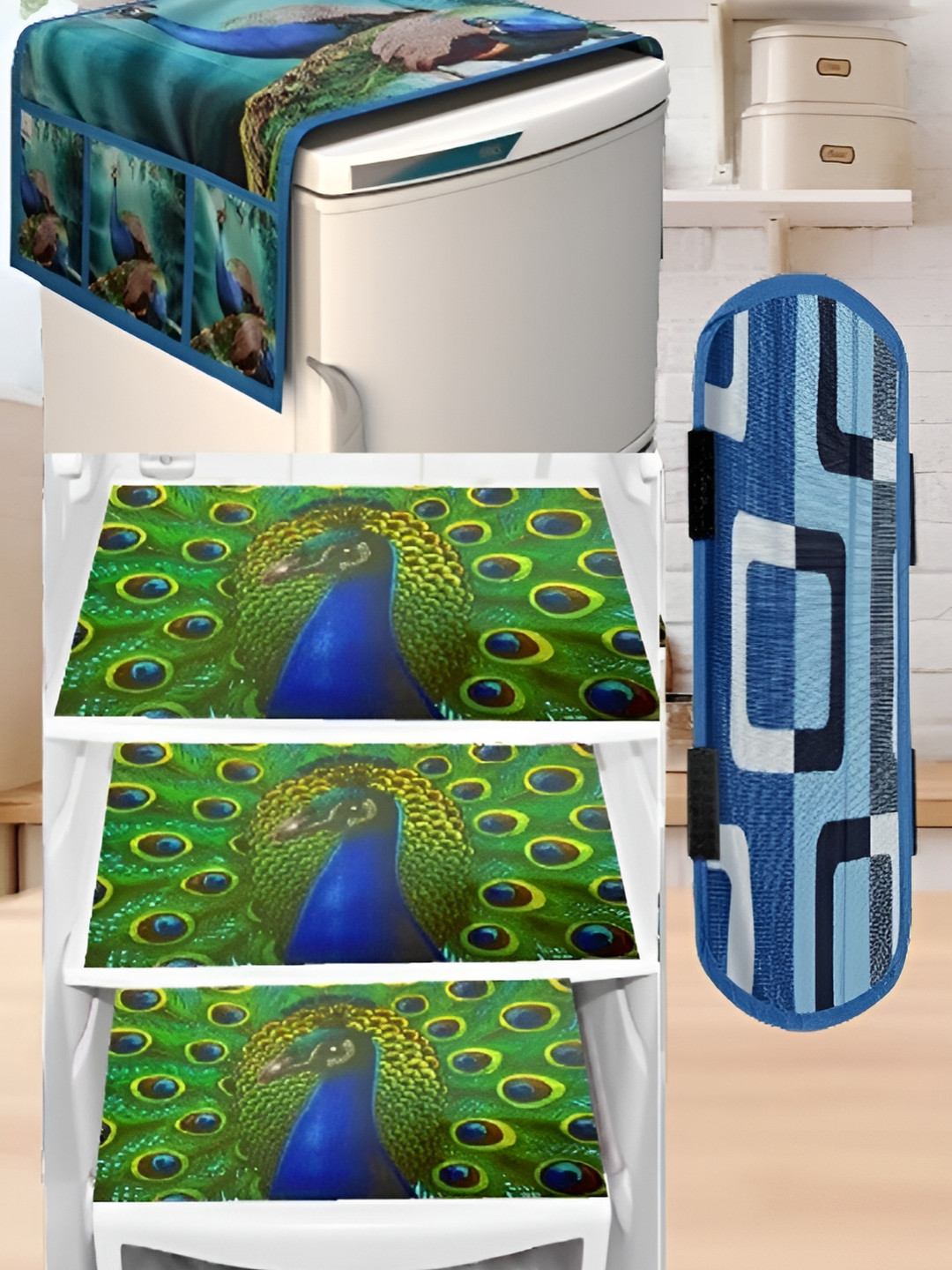 REVEXO Green & Blue 5 Pieces Printed Refrigerator Covers With Handle Covers & Mats