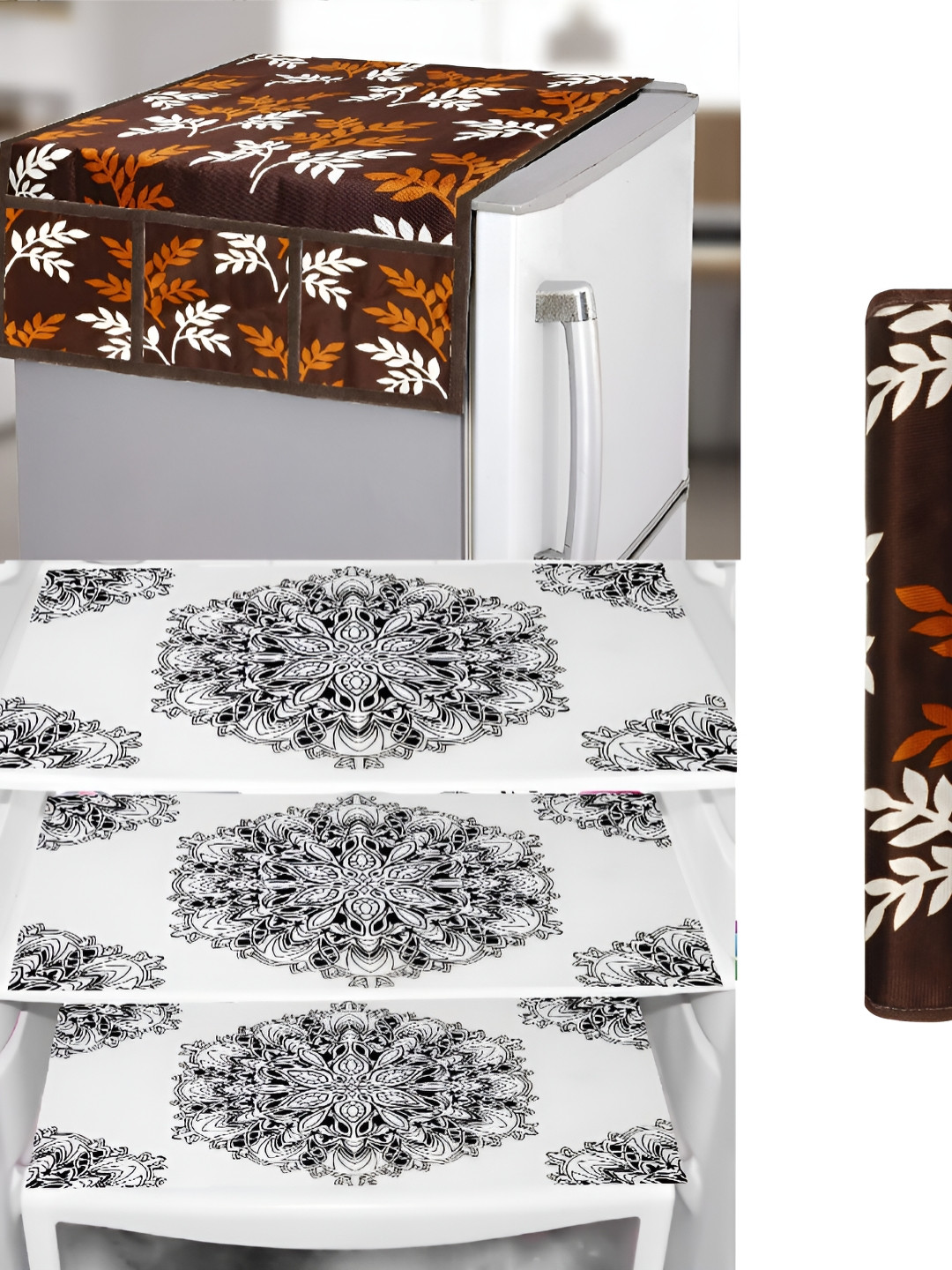 REVEXO Brown & White 5 Pieces Printed Fridge Top Cover Handle Covers & Mats