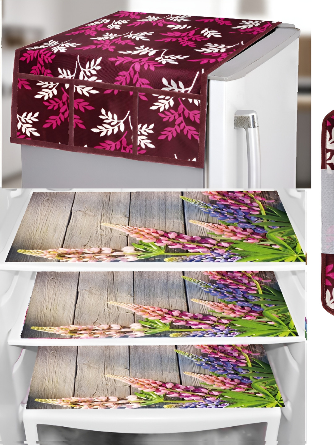 REVEXO Magenta & Grey 5 Pieces Floral Printed Fridge Appliance Covers