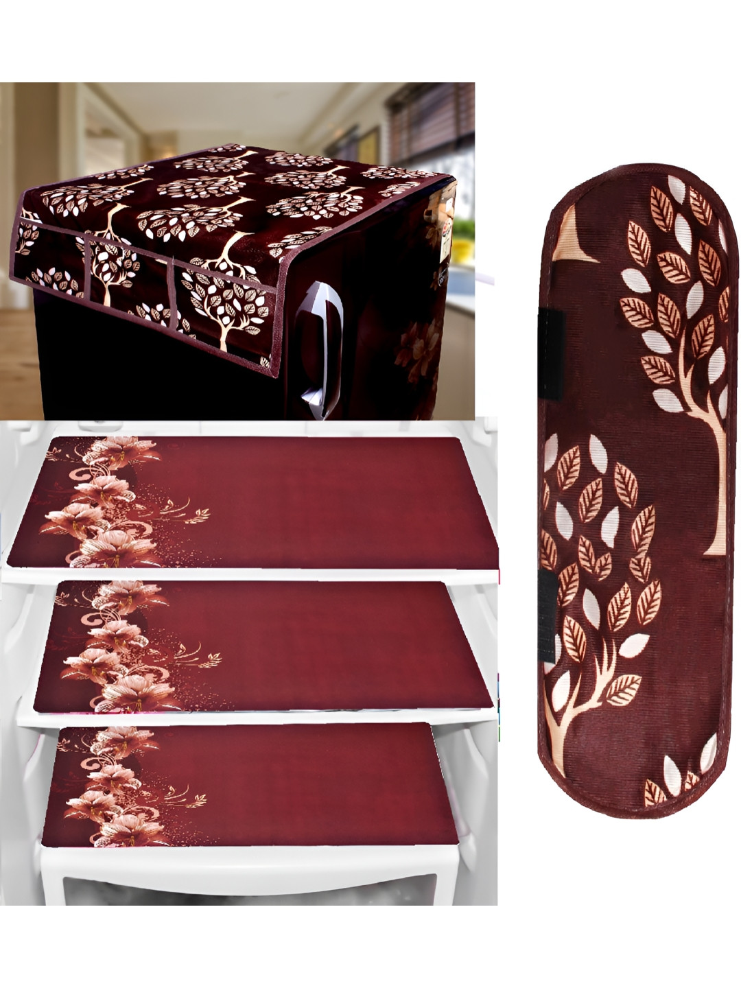 REVEXO Brown 5 Pieces Printed Fridge Top Cover Handle Covers & Mats