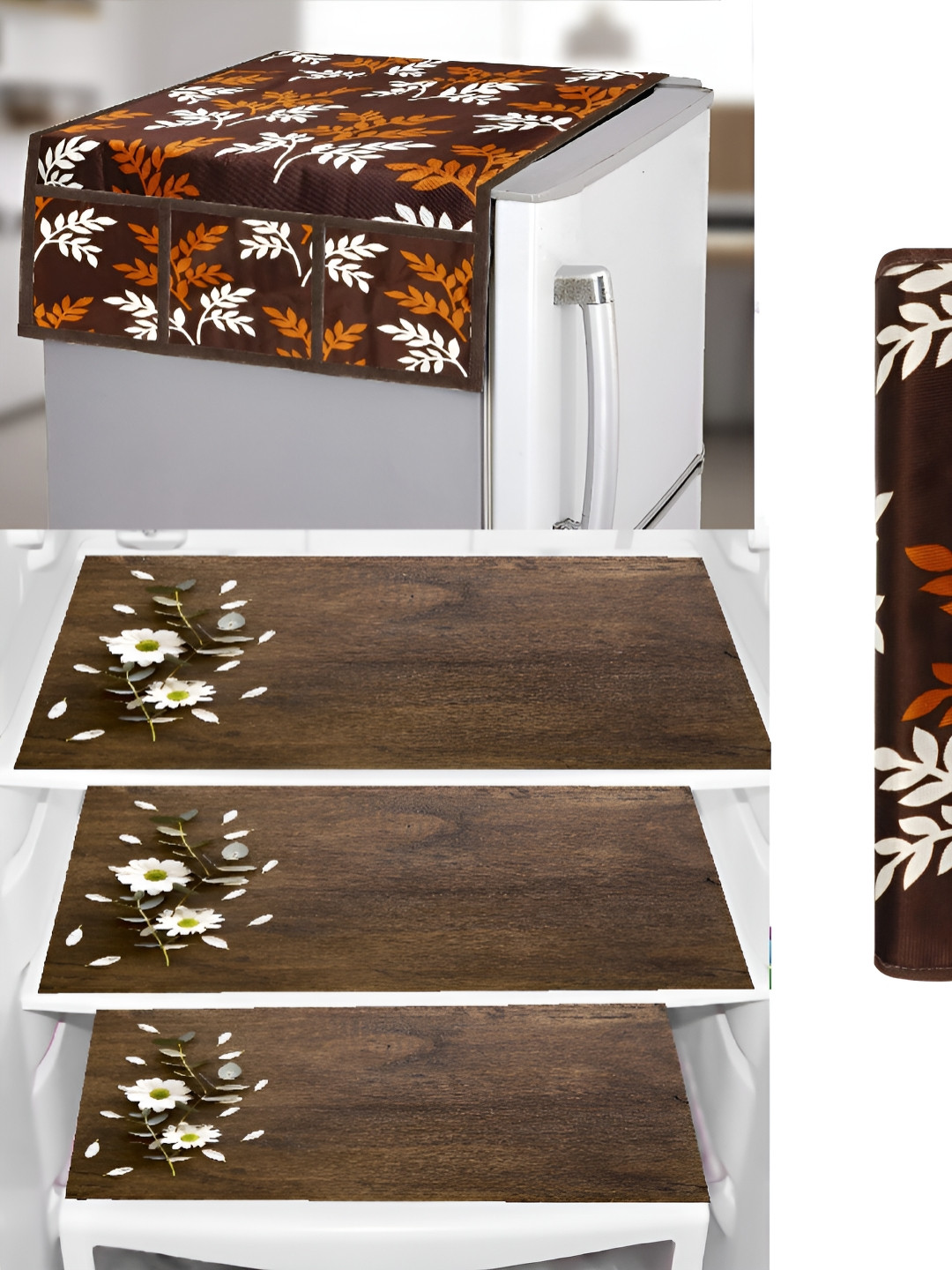 REVEXO Brown & White Printed Fridge Top Cover Handle Covers & Mats