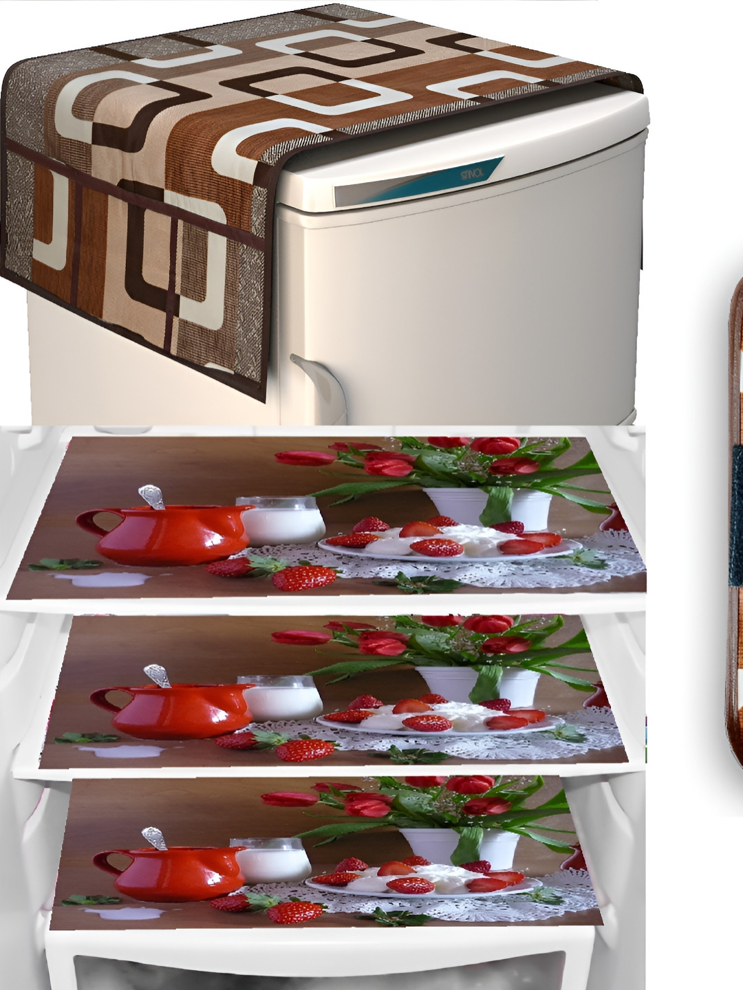 REVEXO Brown & Red 5 Pieces Printed Fridge Top Cover Handle Covers & Mats