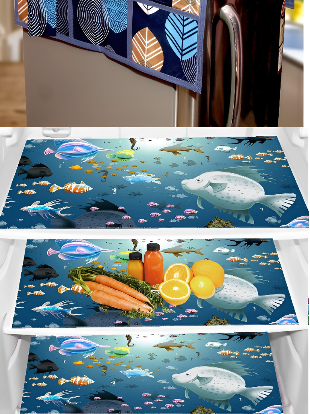 REVEXO Black & Green 5 Pieces Printed Fridge Top Cover Handle Covers & Mats